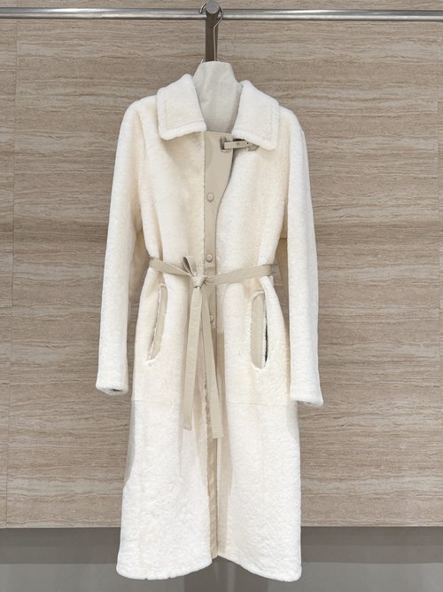 Hermes Elegant Long Fur Coat with Sheepskin Placket and Belted Detail