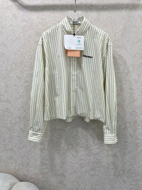 Miu Miu Cotton Striped Shirt with Collar and Logo Embellishment