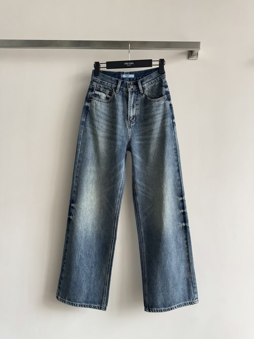 Prada Straight - Leg Jeans with Back Logo Leather Patch, Comfortable and Elegant
