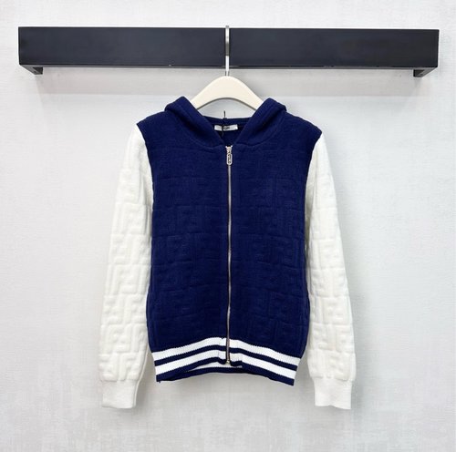 Fendi Customized Wool Knit Hooded Jacket with Logo Jacquard and Contrast Details