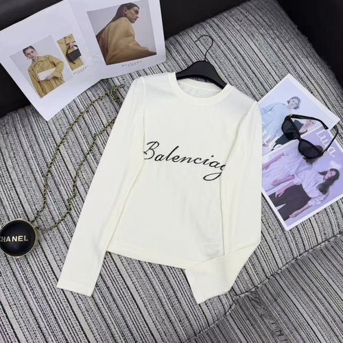 Balenciaga Elegant Embroidered Letter Round Neck Long Sleeve Top, Available in Two Colors