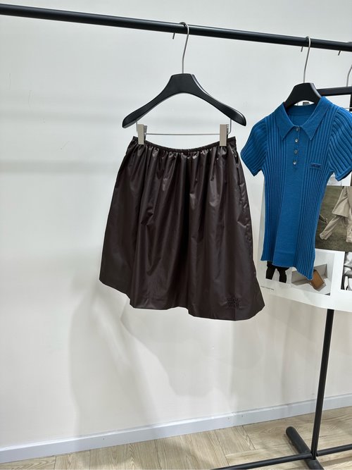 Miu Miu Brown Glossy Recycled Nylon Mid-length A-line Skirt