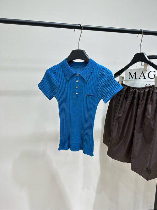 Miu Miu Klein Blue Woolen Knit Polo Shirt with Chest Logo for Holidays