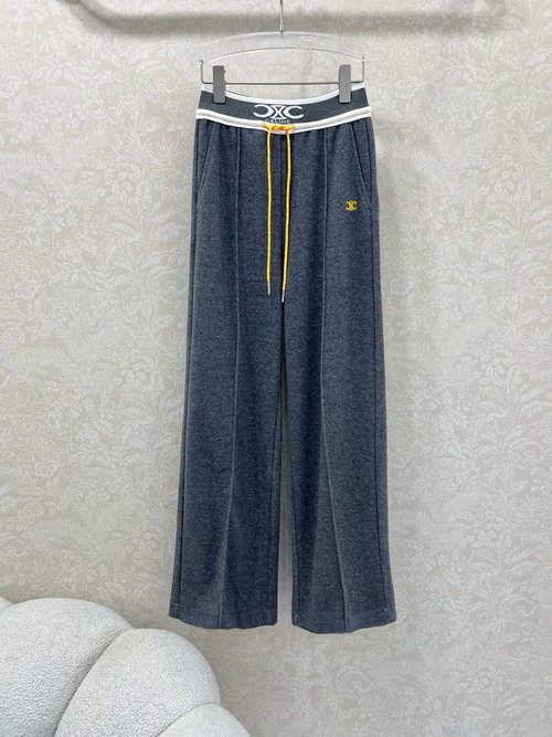 Celine Elastic Waistband Wide-Leg Trousers with Logo and Embroidered Decoration