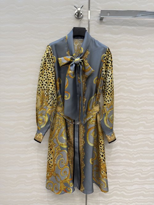Versace Baroque Print Silk Dress, Leopard Print and Classic Waist Design