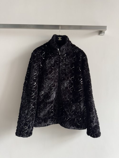 Chanel Coco Neige Ski Faux Fur Sequin Jacket with Zipper and Dual Pockets