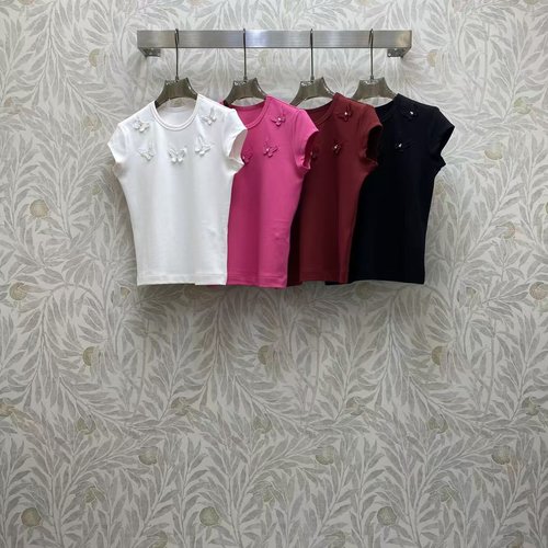 Valentino Cotton T-shirt with 3D Butterfly and Flower, Four Color Options