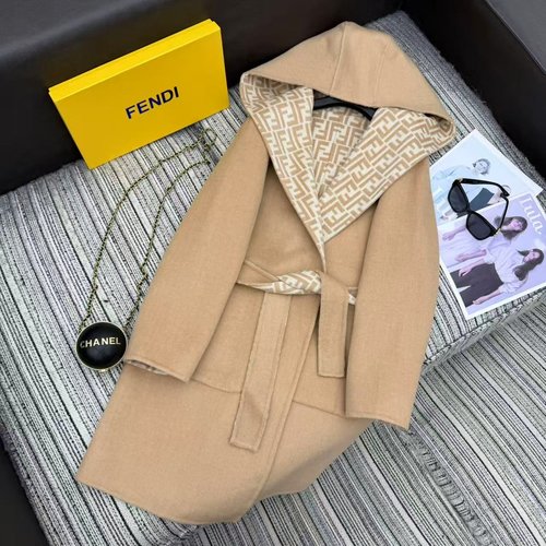 Fendi Medium-Length Woolen Coat with Double F Jacquard and Belt