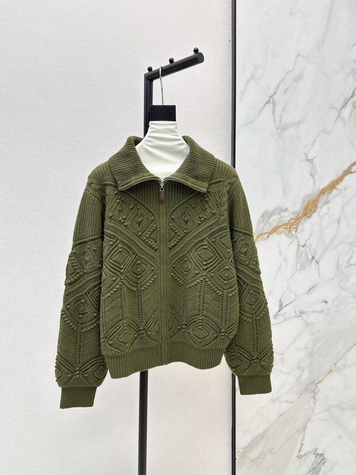 Loro Piana Double-Sided Knit Open Cardigan with Geometric Jacquard, Christmas Elegance