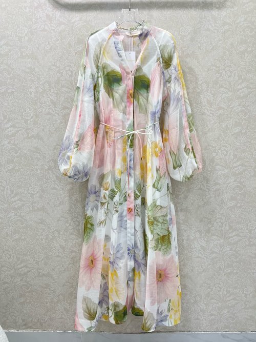 Zimmermann Cotton Print V-Neck Dress with Waist Belt and Ruffled Hem