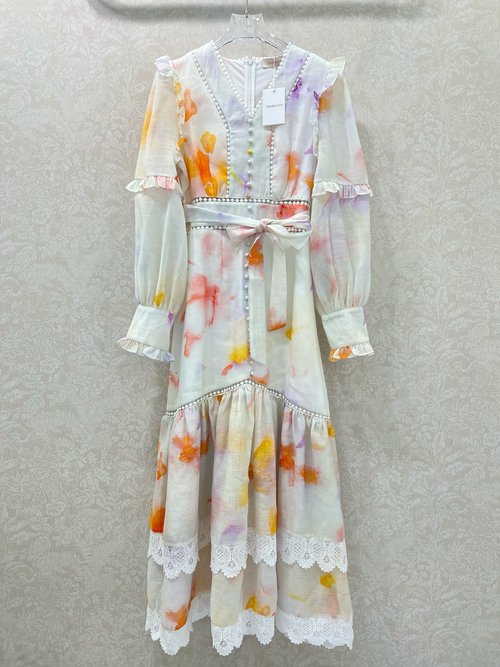 Zimmermann Cotton Blend V-Neck Long Dress with Printed Pattern and Lace Trim