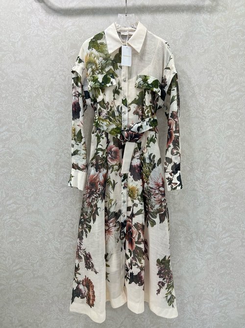 Zimmermann Cotton Blend Collared Long Dress with Printed Pattern and Lace Trim