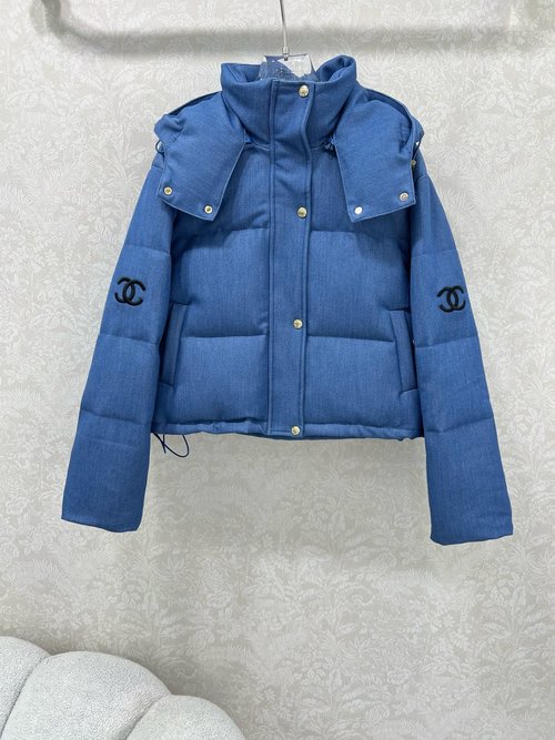 Chanel Detachable Hooded Denim Down Jacket with Logo Embroidery