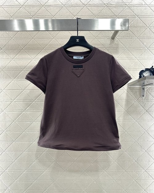 Prada Cotton Short-sleeved T-shirt with Triangle Logo and Steel Ring