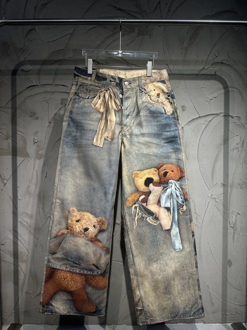 Dior Bear Pattern Jeans with 3D Print Effect, Loose Fit