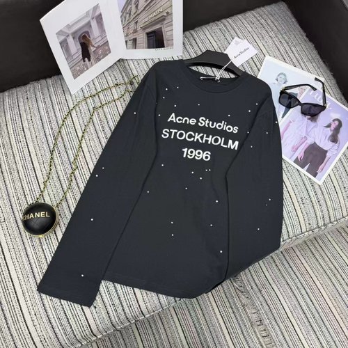 Acne Studios Recommended Letter Print and Hot Fix Drill Long Sleeve Round Neck T - shirt in Two Color Choices