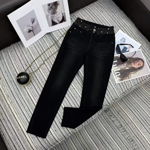 Chanel Fleece-Lined Skinny Jeans with Diamond-C Studded Double C Logo