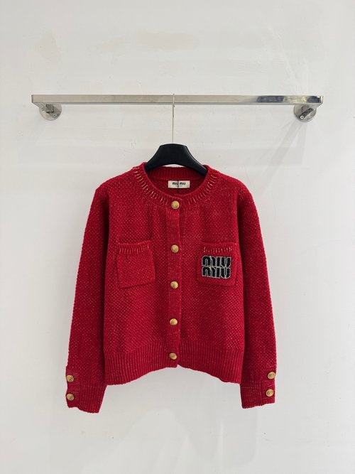 Miu Miu Round - Neck Cardigan with Gold Buttons and Pocket