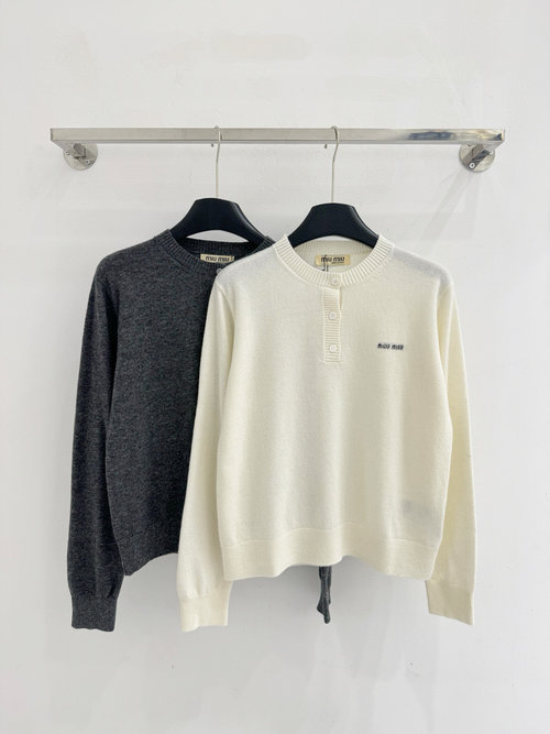 Miu Miu Round - Neck Top with Button Decoration, Solid Style