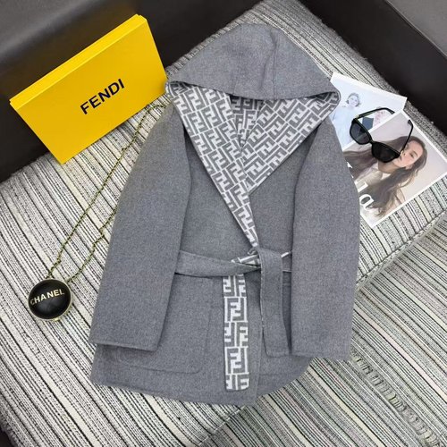 Fendi Double F Jacquard Woolen Coat with Belt and Holographic Details
