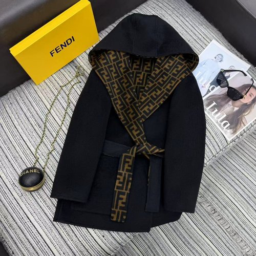 Fendi Woolen Coat with Double F Jacquard and Belt for Elegance