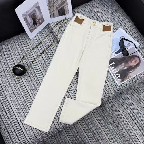 Chanel Fleece - lined Pencil Jeans with Leather Patch