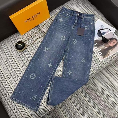 Louis Vuitton Denim Straight-Leg Pants with Logo Print and Rhinestones