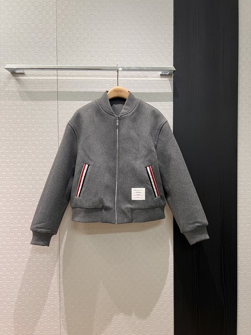 Thom Browne TB Wool Baseball Jacket with Three-Color Tape & Pocket