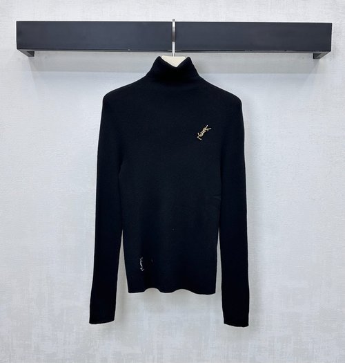 Yves Saint Laurent High-neck Turtleneck Sweater with Alphabet Metal Logo in Imported Wool Blend