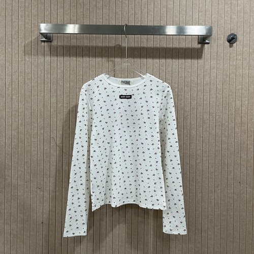 Miu Miu Mini Floral Print Long Sleeve T-shirt with Signature Black Logo Tape