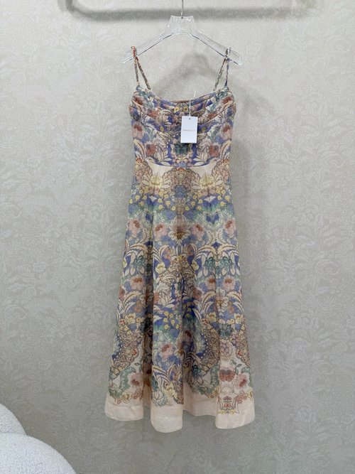 Zimmermann Floral Print Halter Dress with Waist Pleats, Vintage Style