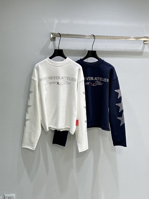 Versace Loose-Fit Sweater with Bling Stars and Brand Words in Blue and White