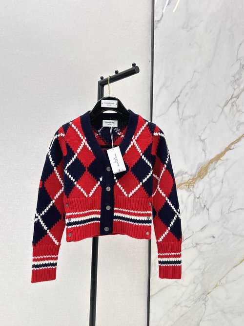 Thom Browne V-Neck Short Knit Cardigan with Checked Pattern and Ribbon Trim