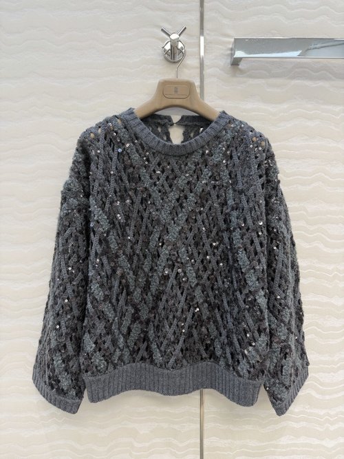 Brunello Cucinelli Exclusive High-End Knit Sweater with Embroidered Sequins and Loose Fit