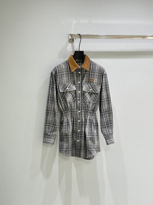 Miu Miu Vintage Flannel Skirt with Velvet Trim and Embroidered Emblem