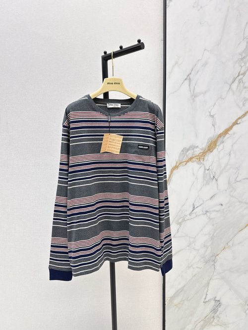 Miu Miu Holiday Striped Cotton T-Shirt, Retro and Versatile