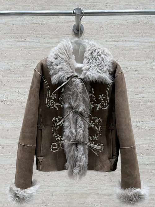 Celine Hand-embroidered Fur Coat with Premium Imported Leather, Elegant and Warm
