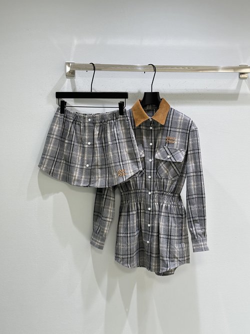 Miu Miu Timeless Checkered Flannel Mini Skirt with Leather Detail