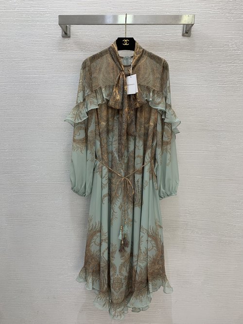 Zimmermann Retro Print Dress with Detachable Bow and Ruffled Hem