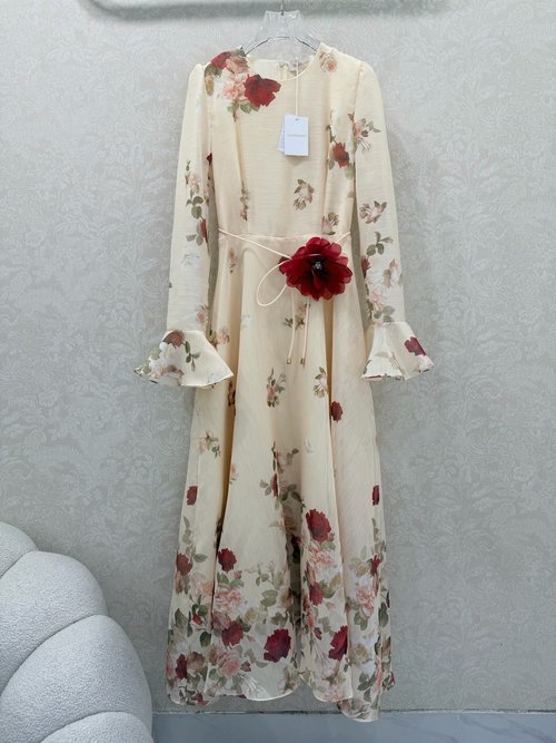 Zimmermann Round - Neck Ruffled - Sleeve Dress with Printed Pattern, Elegant Classic Style