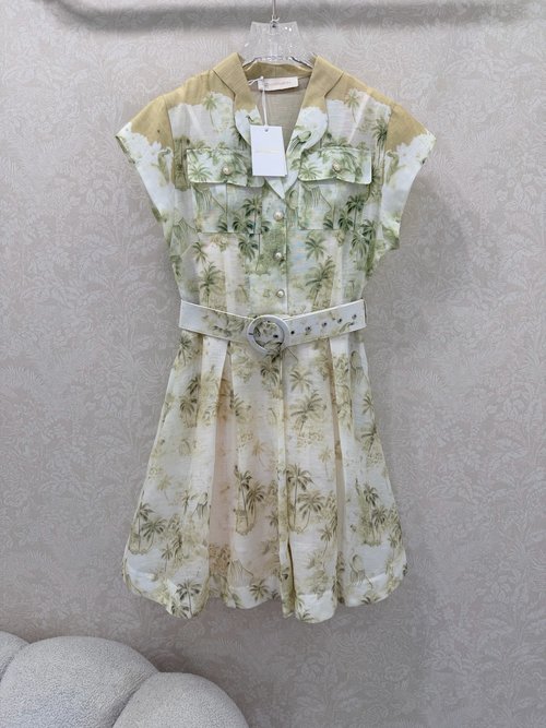Zimmermann Sleeveless Linen Dress with Stand Collar and Pearl Buttons, Floral Pattern
