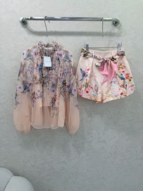 Zimmermann Printed Blouse and High-Waisted Shorts Set with Silk Ribbon