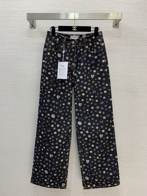 Chanel Straight-Leg Jeans with Colorful Pattern and Double C Print