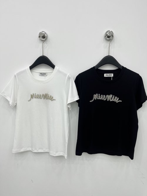 Miu Miu High-end Diamond-embellished Short Sleeve T-shirt