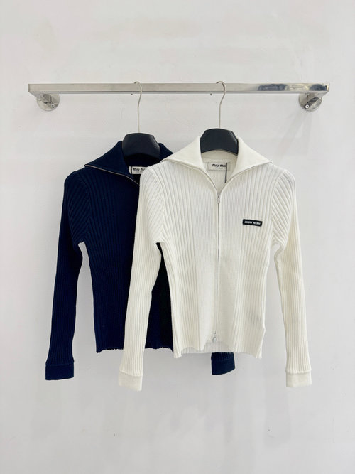 Miu Miu Dark Blue and White Double-Zippered Collared Top with Brand Embroidery