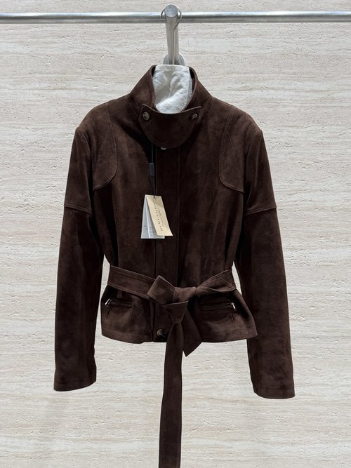 Burberry Timeless Barn-Inspired Down Coat, Suede Exterior with Stylish Belt