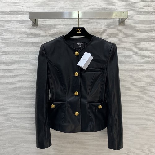 Balmain PU Leather Slim-fit Jacket with Gold Snail Buttons