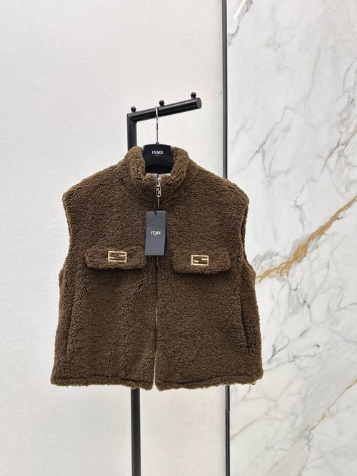 Fendi Fluffy Teddy Bear Stand Collar Vest, Cozy and Stylish for Layering