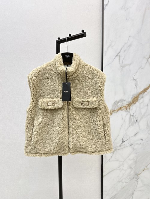 Fendi Fluffy Teddy Bear Stand Collar Vest, Cozy and Stylish for Layering
