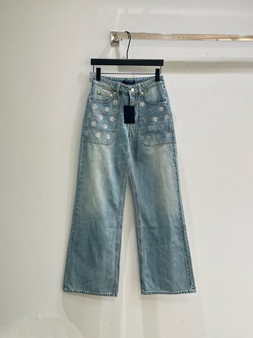 Louis Vuitton Washed Denim Pants with Shiny Logo, Loose and Comfortable